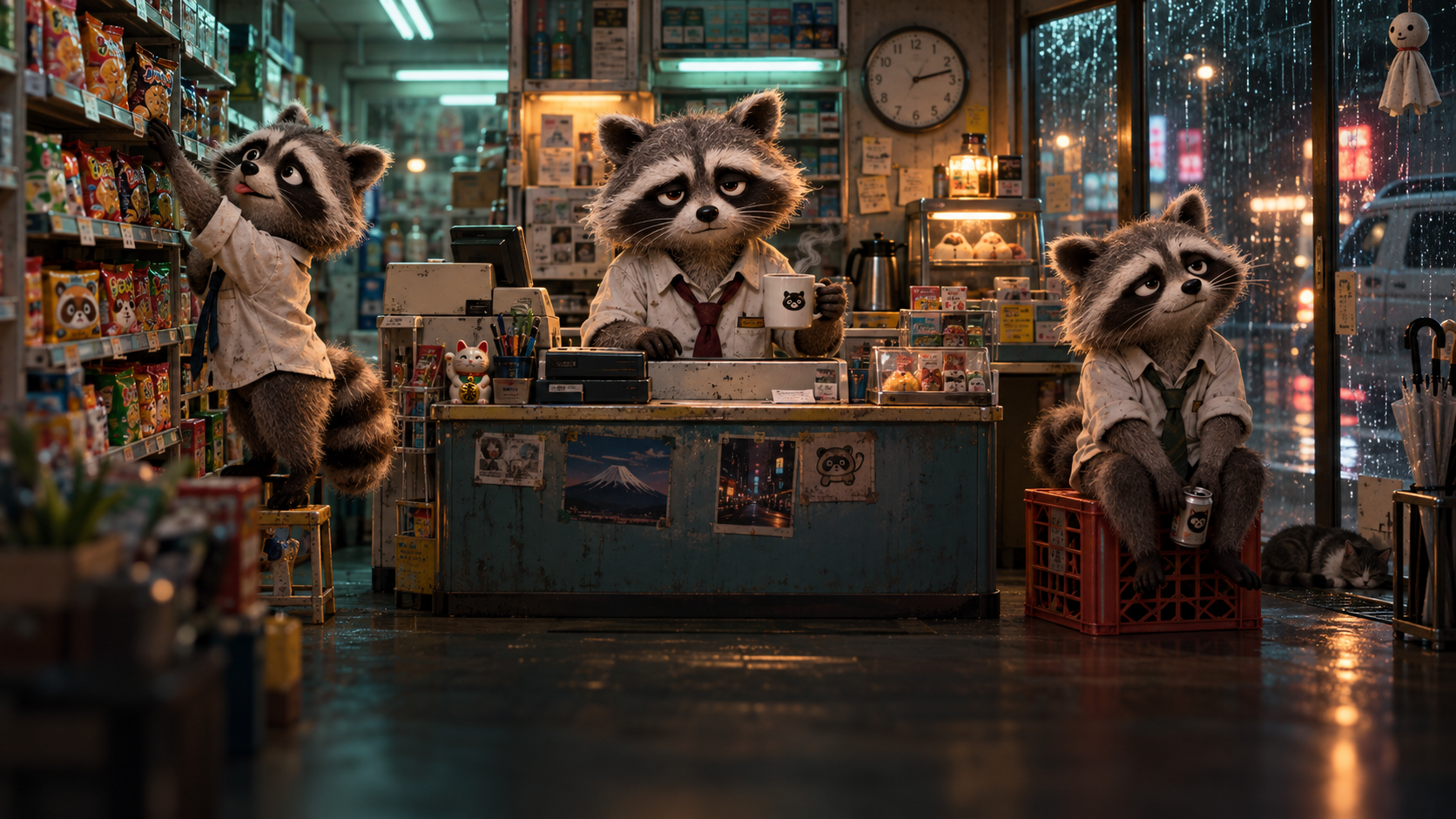 Three stop-motion raccoons working an overnight convenience-store shift